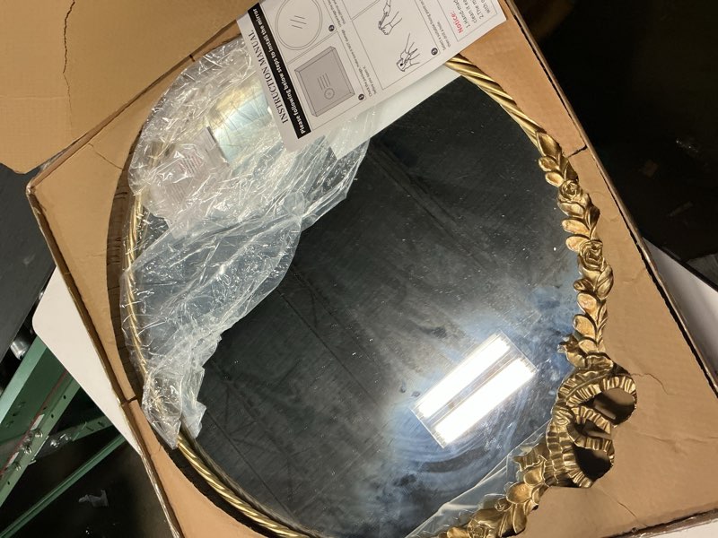 Condition photo showing Good Condition for antique round mirror, 24''baroque style vintage mirror metal frame ornate circle wall mirrors for bathroom, living room or bedroom,retro gold 24"l x 24"w retro gold