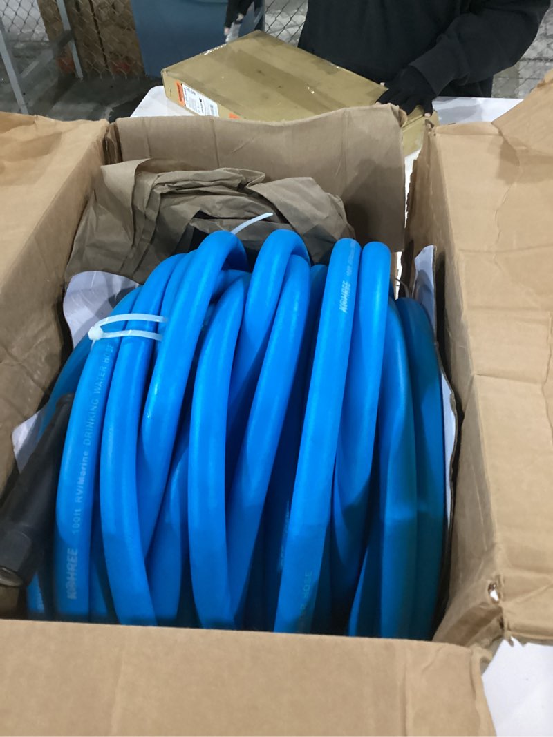 Condition photo showing As Is for kohree 100 ft rv water hose, 5/8" premium drinking water hose, leak free, no kink, long garden hose 100 ft with storage bag, ideal for rv, camper, truck, garden - blue 100 ft blue