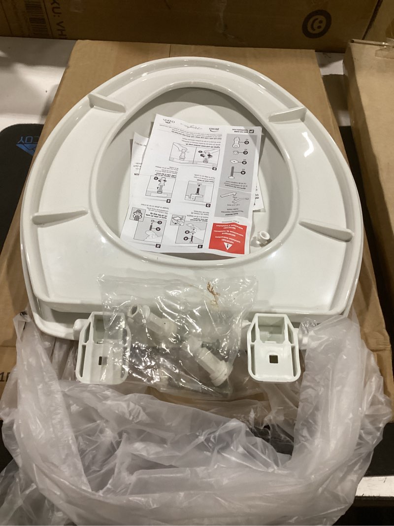 Condition photo showing As Is for mayfair caswell modern slow close toilet seat, durable plastic, elongated, white elongated 1