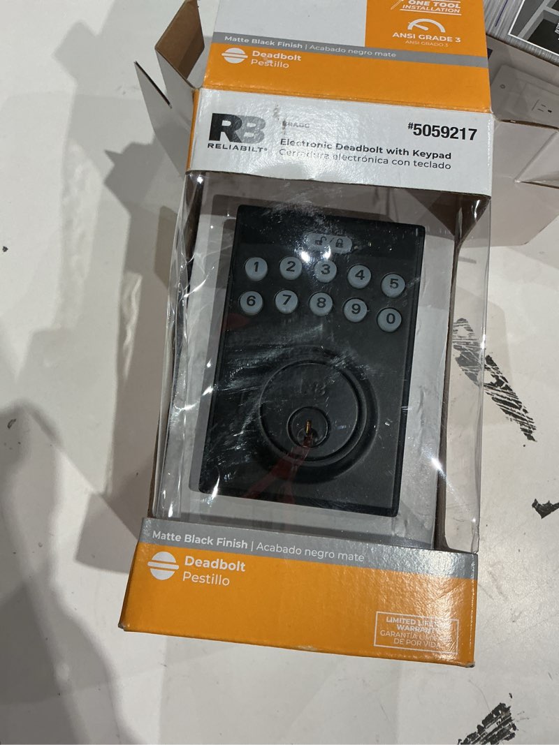 Condition photo showing As Is for reliabilt electronic keypad deadbolt door lock 5059217 matte black new