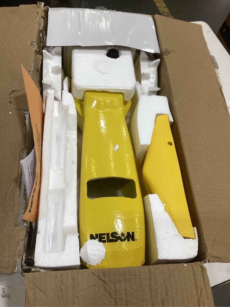 Condition photo showing As Is for nelson rain train 13,500 square feet cast iron outdoor lawn traveling water sprinkler for yard, and garden, with auto shut off, yellow