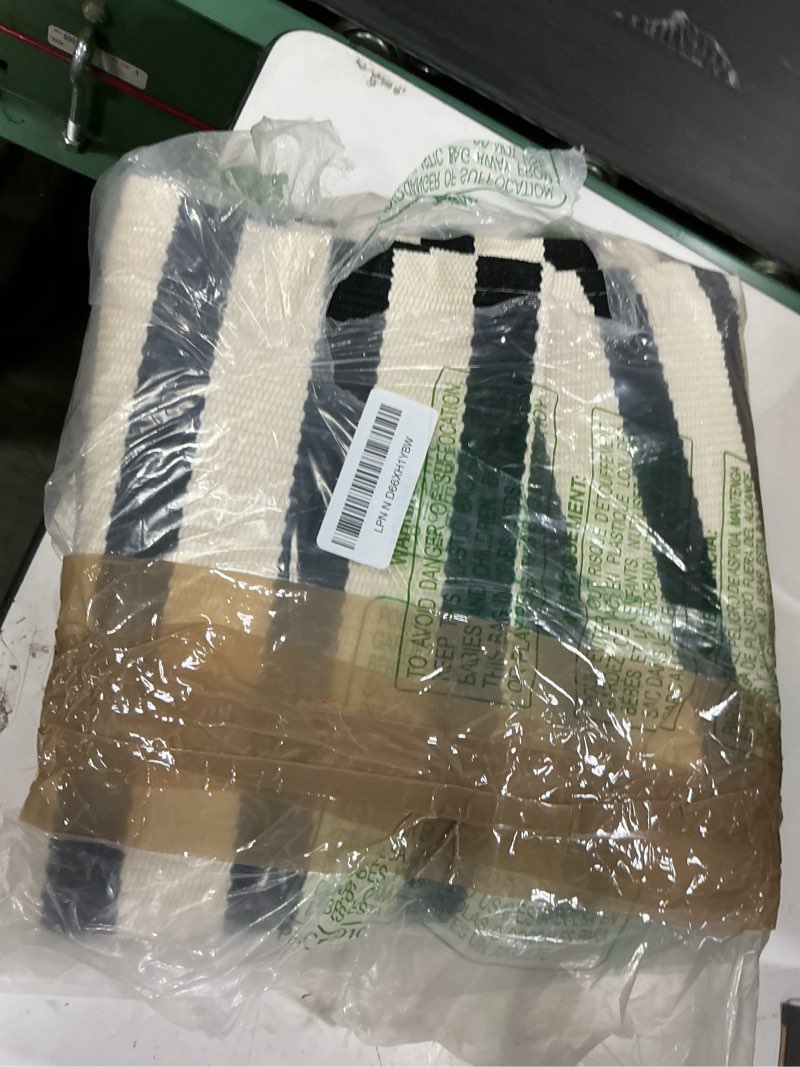Condition photo showing Good Condition for kilococo beige striped rug 3x5 indoor outdoor rugs front door rugs hand woven cotton washable striped layered doormats for front porch/kitchen/farmhouse/entryway/patio 3' x 5' (rectangular) light beige and black stripe