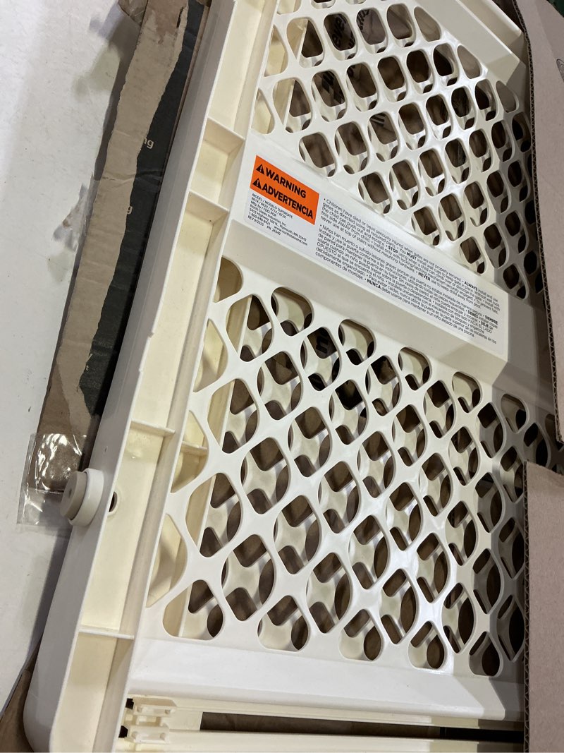 Condition photo showing As Is for toddleroo by north states - supergate ergo baby gate: plastic baby gate for stairs & doorways - adjustable indoor safety gate - made in usa - 26 to 42 inches wide - 26 inches tall - ivory