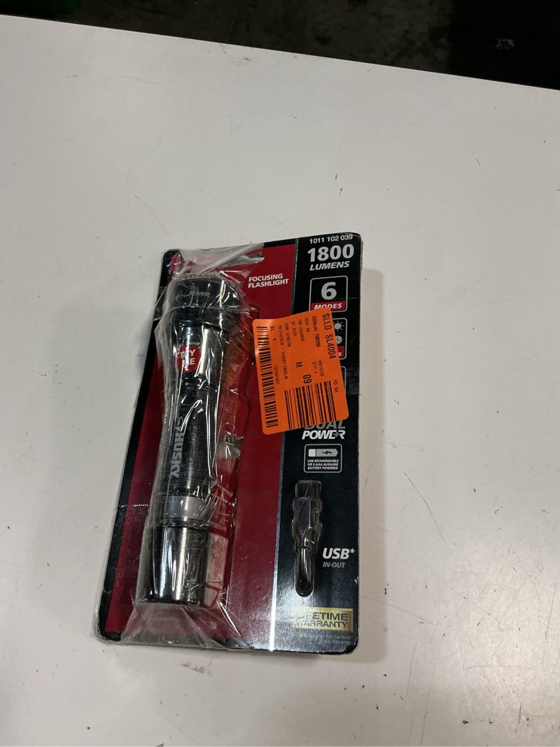 Condition photo showing As Is for husky 1800 lumens dual power led rechargeable lithium ion focusing flashlight