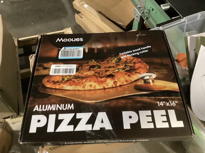 Condition photo showing New/Like New for pizza peel aluminum pizza spatula, metal pizza paddle(14inx 16in) with rocker cutter foldable wood handle, [storage bag included], for family pizza oven baking pizza, dough, bread & pastry pizza peel 14"x 16" with rocker cutter