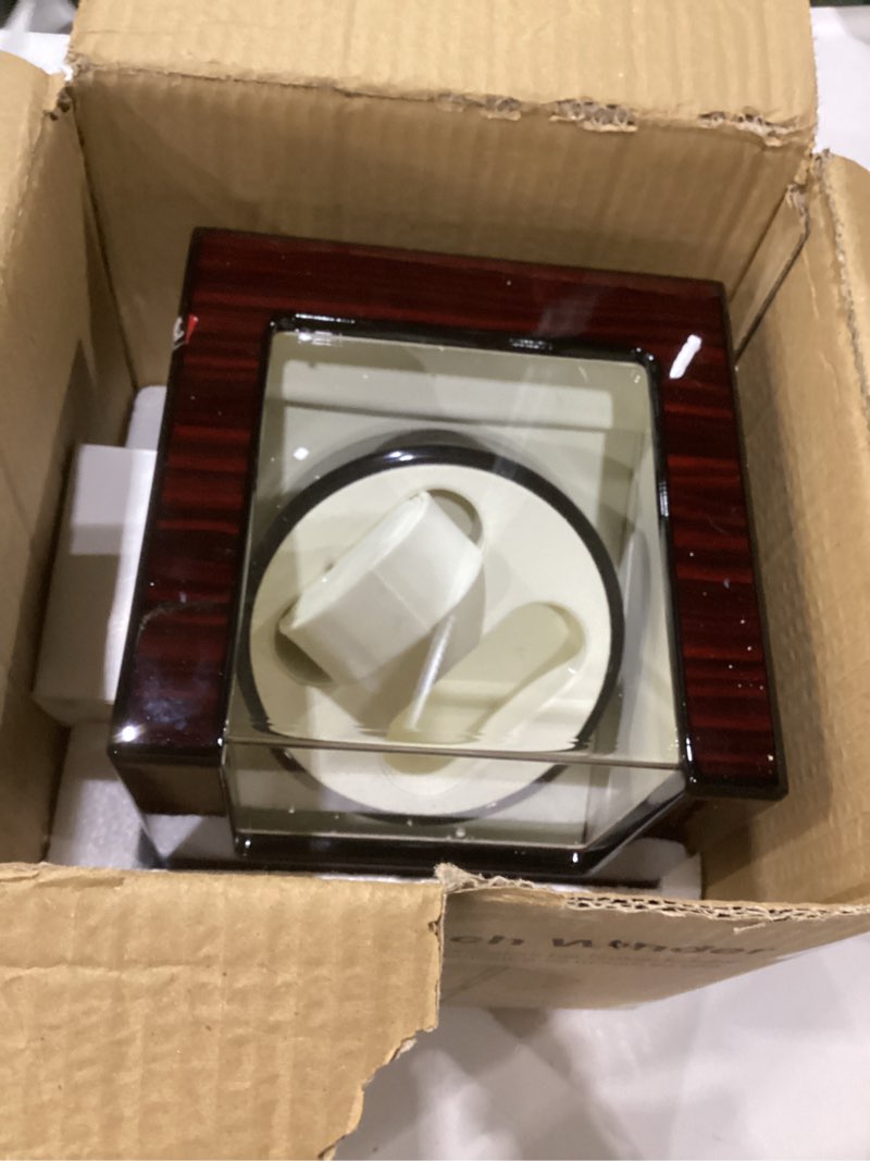 Condition photo showing As Is for uten automatic watch winder box luxury wooden watch storage case, double watch winder with quiet motor 4 rotation mode for father's day gift for him, birthday gift. red red watch winder 1