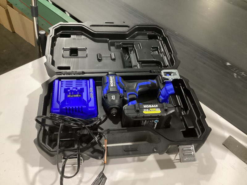 Condition photo showing As Is for kobalt 24v 1/4-in. cordless impact driver drill/battery/charger/case 1518742