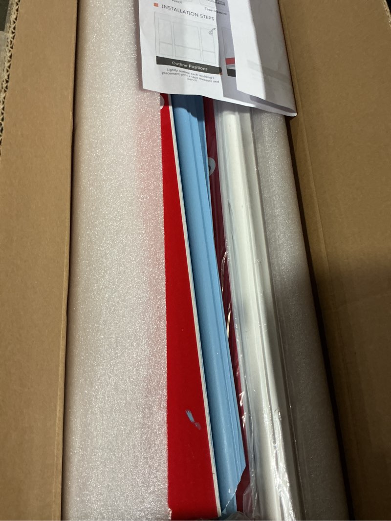 Condition photo showing Good Condition for pre-cut peel and stick wall molding kit wainscoting trim- self adhesive premade accent panel chair rail for interior moulding home decor accent wall set of 6 pcs - 3 top 3 bottom, ready to assemble white (54×24+24×24),set of 3