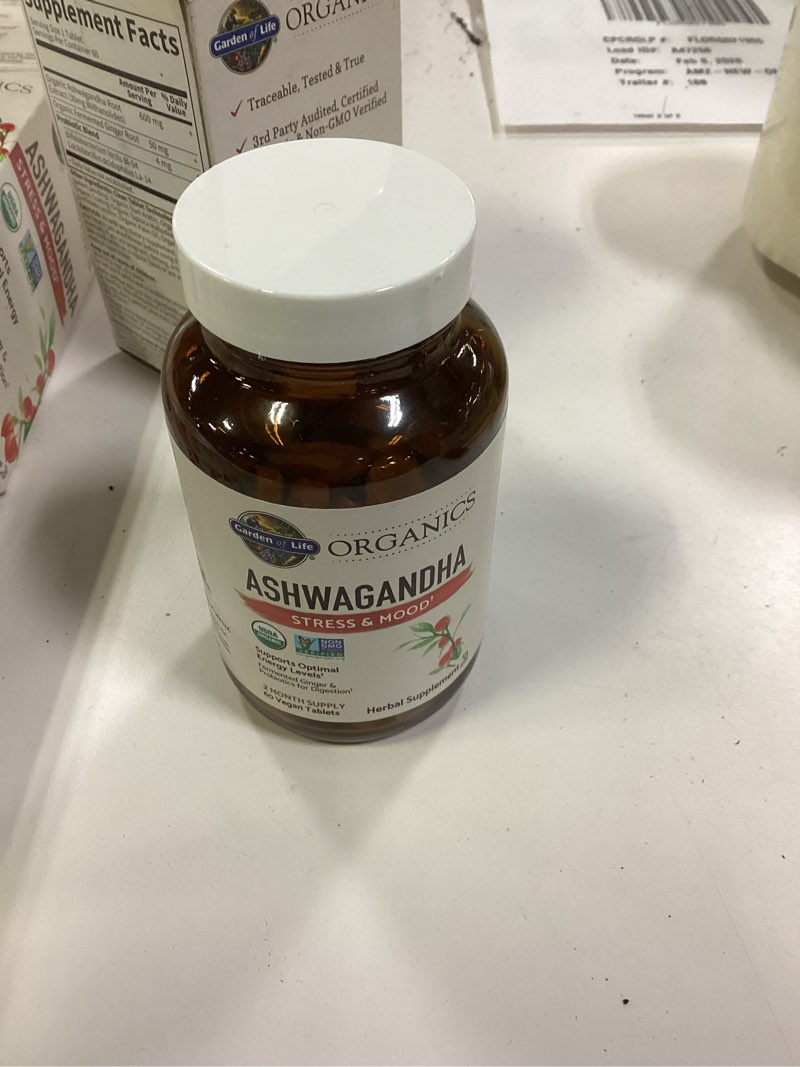 Condition photo showing New/Like New for Garden of Life Organic Ashwagandha Supplement with Probiotics & Ginger - Stress, Mood & Energy Support, Vegan, Gluten Free, Non GMO, 2 Month Supply, 60 Tablets