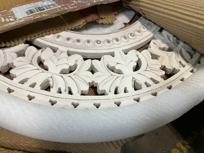 Condition photo showing Good Condition for round mdf wood carved wall mirror with antique white finish - elegant decorative mirror for living room, bedroom, and entryway - 24 inch 24"l x 24"w white antique