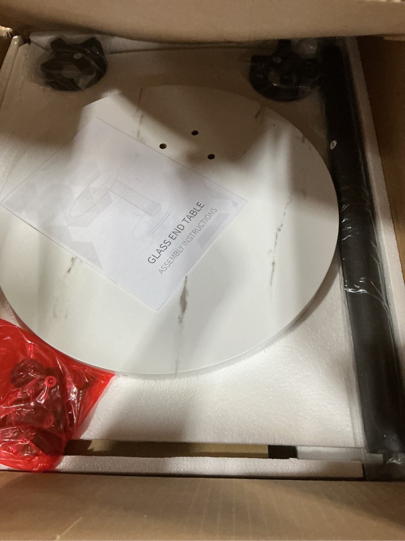 Condition photo showing New/Like New for Hooseng Side Table Set of 2, Modern Round Tempered Glass End Table, 22-Inch Round Glass Coffee Table, Small Table Suitable for Small Space, Living Room, Bedroom Gray and White-2pcs 2