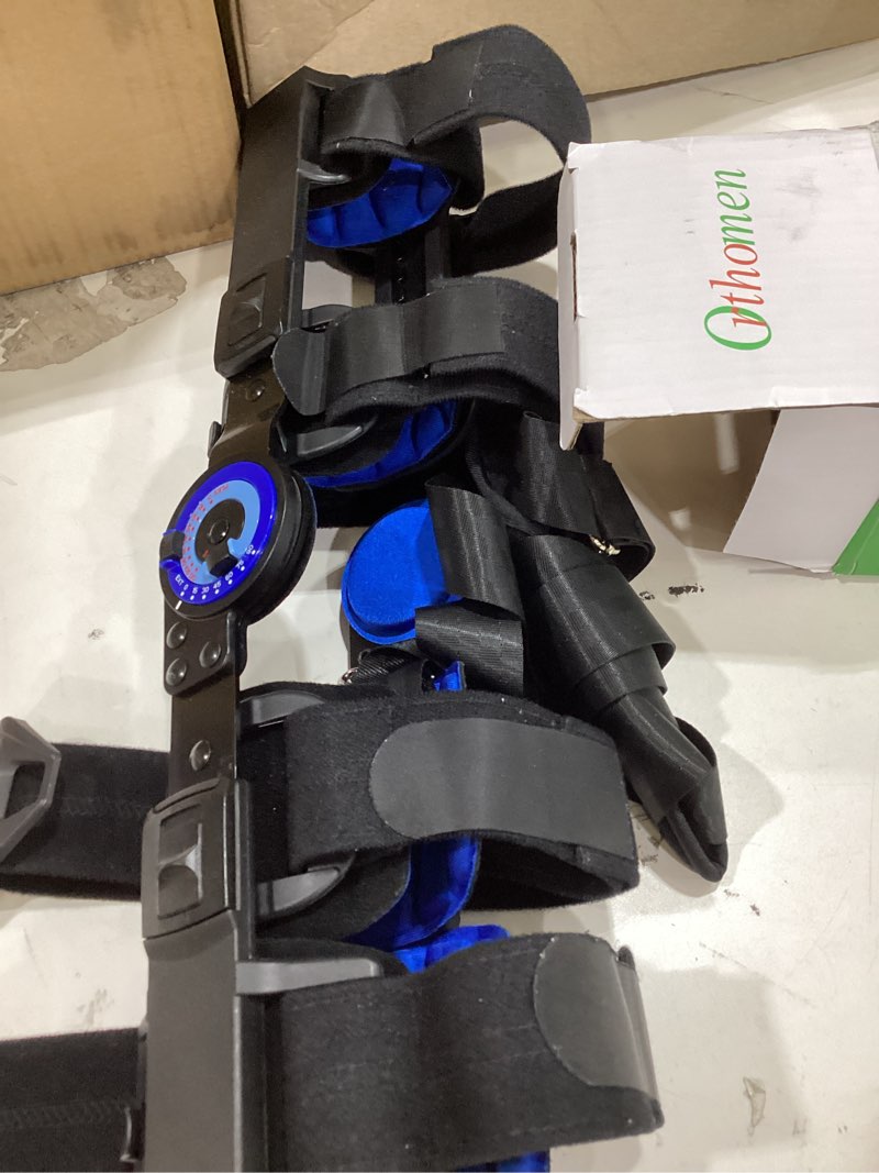 Condition photo showing Good Condition for orthomen post op knee brace, hinged rom knee brace for recovery stabilization, acl, mcl and pcl injury, adjustable medical orthopedic support stabilize for men and women black/blue universal