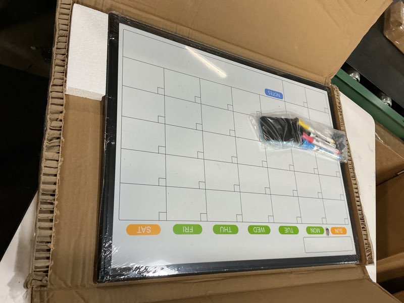Condition photo showing Good Condition for dry erase calendar whiteboard for wall, 24" x 18" magnetic monthly white board calendar with black aluminum frame, double-sided hanging dry erase board for office, home, school black frame 24"w x 18"h