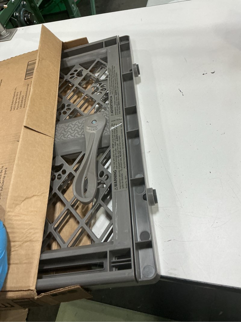 Condition photo showing As Is for mypet north states paws portable pet gate: 26-40" wide. pressure mount. no tools needed. made in usa, 23" tall, expandable, durable dog gates for doorways, fieldstone gray