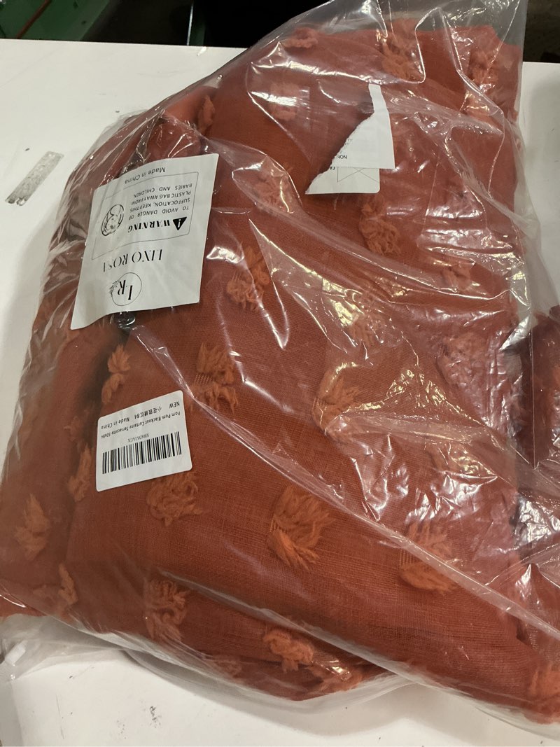 Condition photo showing Good Condition for Boho Blackout Curtains for Bedroom 84 Inch Length 2 Panels Set,Vintage Farmhouse Terracotta Rust Pom Pom Textured Patterned Double Layer Sheer Overlay Bohemian Western Curtain Drapes for Living Room 50"W x 84"L (Pack of 2) Terracotta