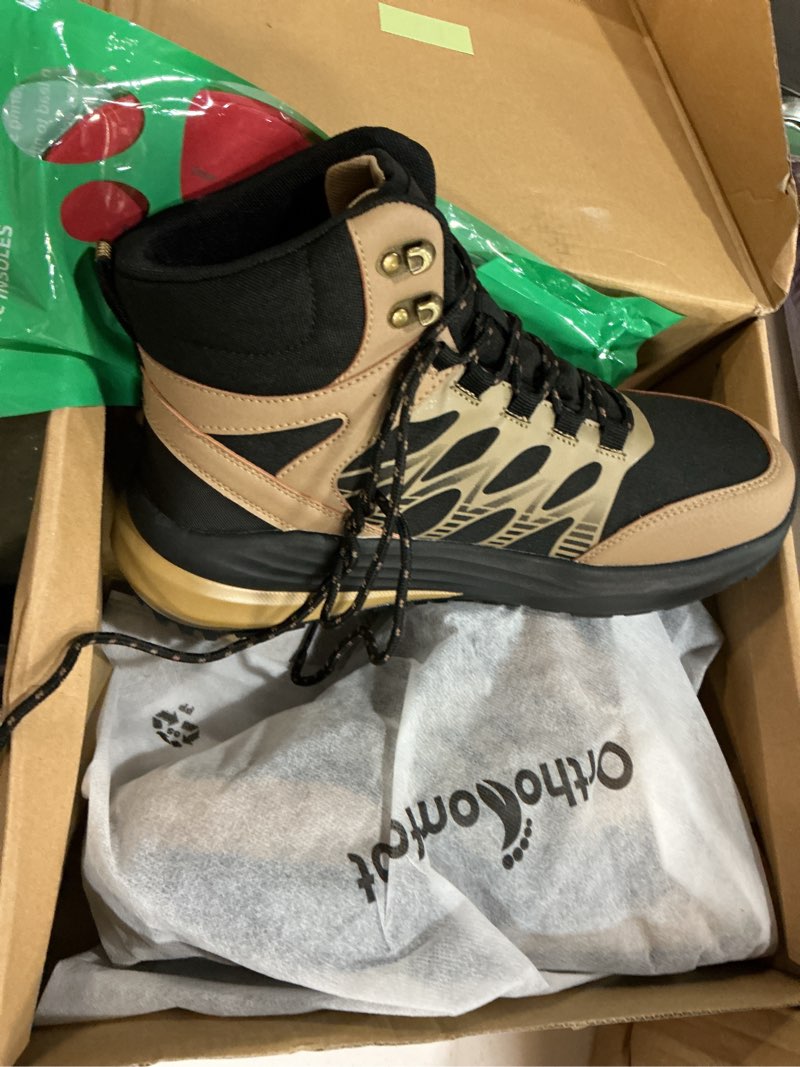 Condition photo showing New/Like New for men's orthopedic wide waterproof hiking boots: comfortable plantar fasciitis work walking running trekking shoes, orthotic non slip adventures ankle support trail mid boots for foot pain relief 8 wide k2-khaki
