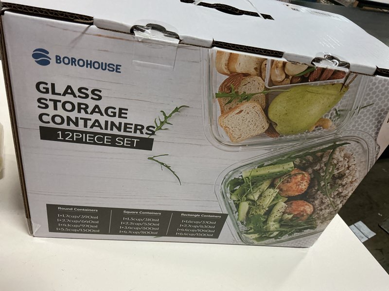 Condition photo showing New/Like New for 12-pack glass containers with tempered lids – borosilicate, oven-safe(-4°f~950°f), airtight, bpa-free, multi-size for meal prep, dishwasher safe (gray)
