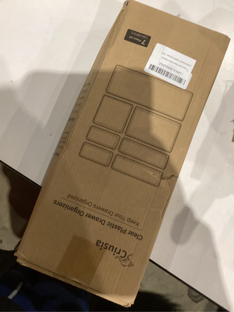 Condition photo showing As Is for Criusia Clear Drawer Organizer 7 PCS - 5 Size Plastic Versatile Kitchen and Bathroom Organizer Trays, Non-Slip Storage Bins for Makeup, Utensils, Tool and Office Desk 7PACK