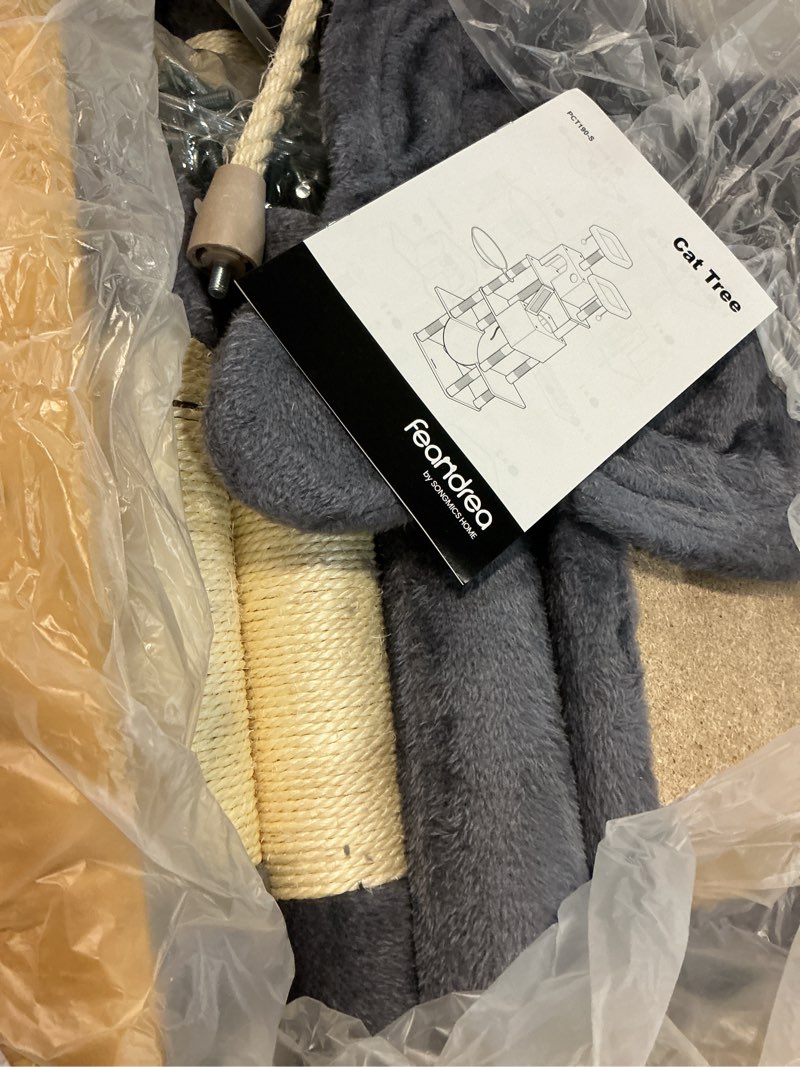 Condition photo showing As Is for feandrea cat tree, 81.1-inch large cat tower, multi-level plush condo with 13 scratching posts, 2 perches, 2 caves, basket, hammock, pompoms, smoky gray upct190g01 xxl (23.6"l x 19.7"w x 81.1"h) smoky gray