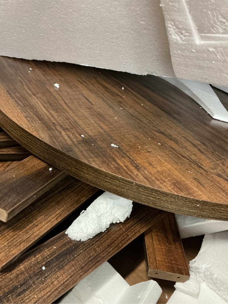 Condition photo showing As Is for farmhouse 37.4 in. h brown round wood bar table w/ metal ring footrest, industrial pub table for kitchen,dining room,pub