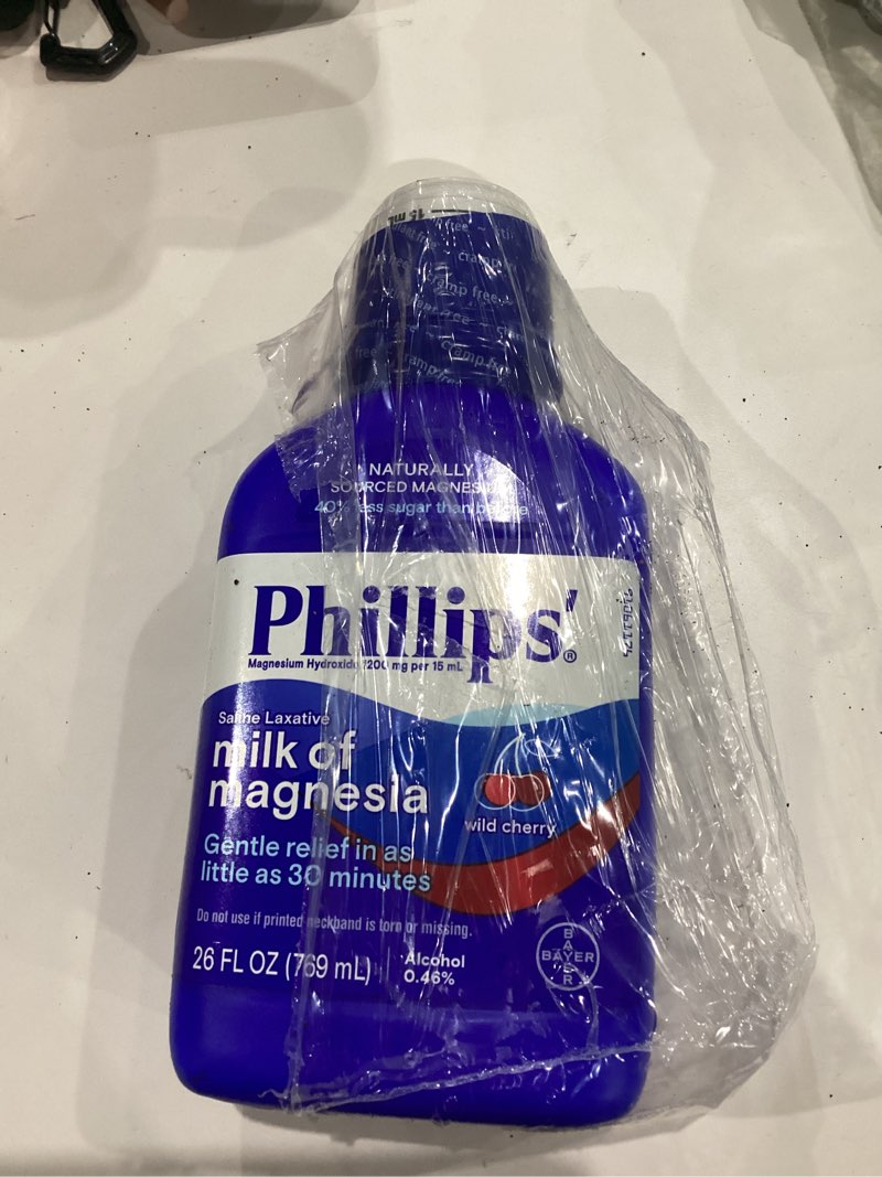 Condition photo showing As Is for Phillips’ Milk of Magnesia Liquid Laxative, Wild Cherry Flavor, Stimulant Free, Cramp Free Relief of Occasional Constipation*, Effective in 30 minutes - 6 hours, #1 Milk of Magnesia Brand, 26 oz 26 Fl Oz (Pack of 1)
