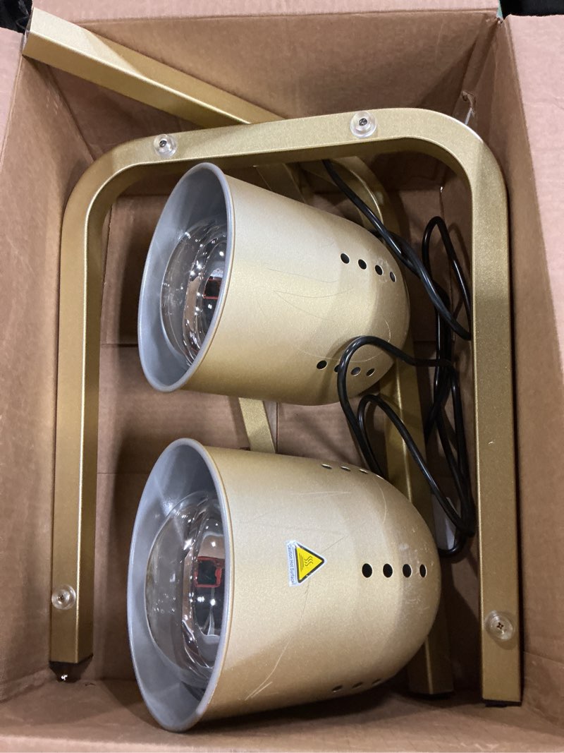 Condition photo showing As Is for avantco w62gld gold free standing heat lamp with 2 bulbs - 120v, 500w