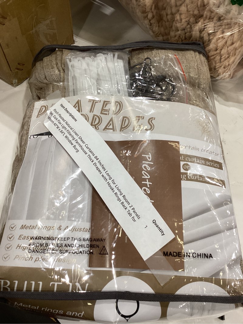 Condition photo showing Good Condition for Pinch Pleated Natural Linen Sheer Curtains 84 Inches Long for Living Room 2 Panels Set, Dark Flax Light Filtering Farmhouse Thick Drapes with Hooks Rings Back Tab for Bedroom 40"W x 84"L Window Burg Dark Flax 40"W x 84"L( Pack of 2)