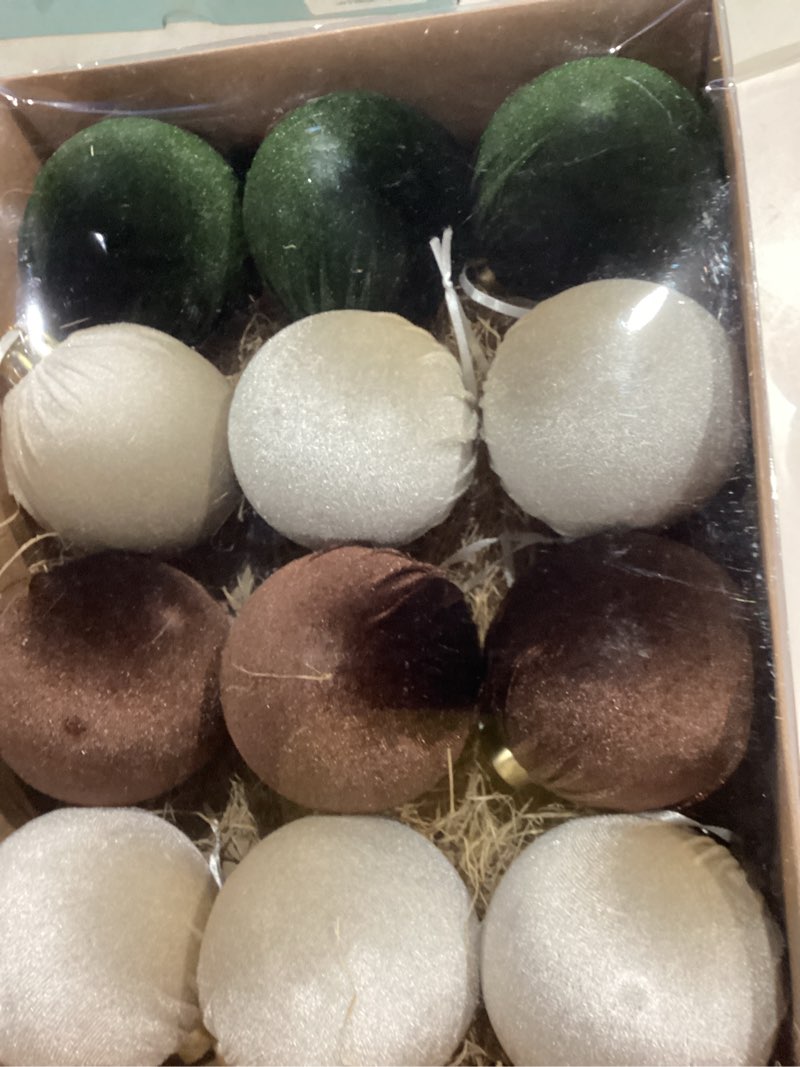 Condition photo showing New/Like New for 12 Pcs Velvet Christmas Ornaments Balls, 3.15 inch Velvet Christmas Tree Balls, Neutral Shatterproof Hanging Xmas Ornaments for Christmas Tree,Family, Holiday, Party Decoration, Brown Green