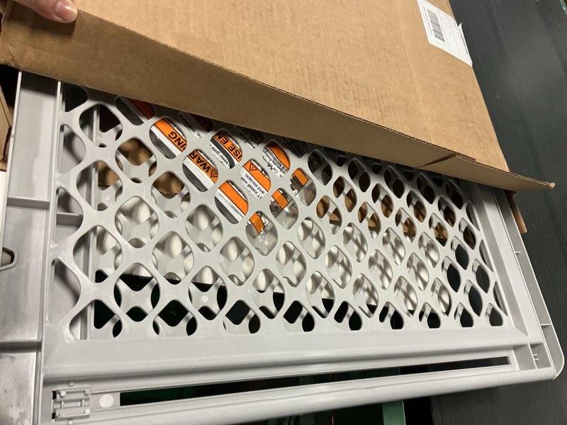 Condition photo showing Good Condition for mypet universal pet gate: 26” - 42” wide dog gate for doorways with pressure fit or swinging door hardware mounting types included: 26" tall; gray