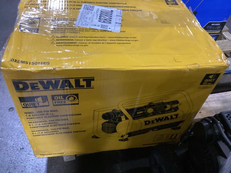 Condition photo showing Good Condition for dewalt quiet compressors provide dewalt power, durability, and tool life at an ultra-low noise level for unparalleled indoor use. this compressor's compact form factor and ultra-quiet 65 db(a) is perfect for small indoor jobs. quiet, only 65 db(a)* allows for quiet operation, great for indoor spaces and garage oilless pump is maintenance-free and environmentally friendly 2.5 cfm** delivered @ 90 psi, 1.6 gallon tank and 150 max psi enables surge performance with quick recovery roll cage and control panel provide protection for compressor components 2- pole low-vibration motor low 7 amp draw motor provides easy start-up to reduce breaker tipping lightweight (35.2 lbs) and compact design for easy carrying and storage