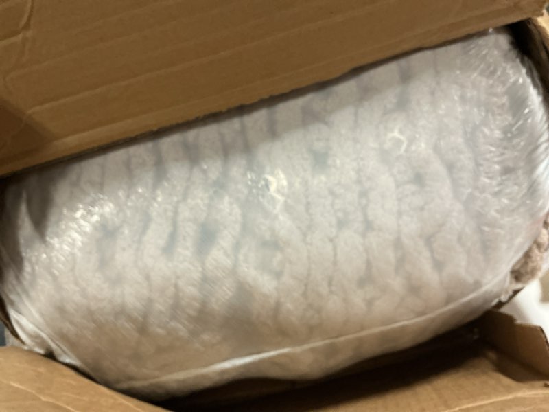 Condition photo showing As Is for bigacogo chunky knit throw blanket for couch, 80x90 inches, 100% hand knitted with thick jumbo chenille yarn, cozy soft large rope knot cable crochet blankets for sofa bed living room, taupe taupe with a pinkish undertone 80"x90" (for queen/king bed?