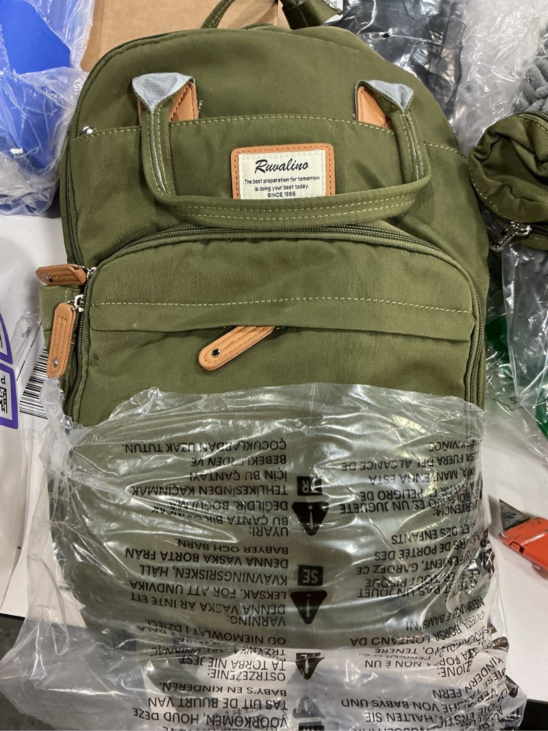Condition photo showing New/Like New for RUVALINO Diaper Bag Backpack - Multifunction Travel Back Pack Maternity Baby Changing Bags, Diaper Changing Totes, Large Capacity, Waterproof and Stylish, Baby Travel Essential, Army Green Military Green Polyester