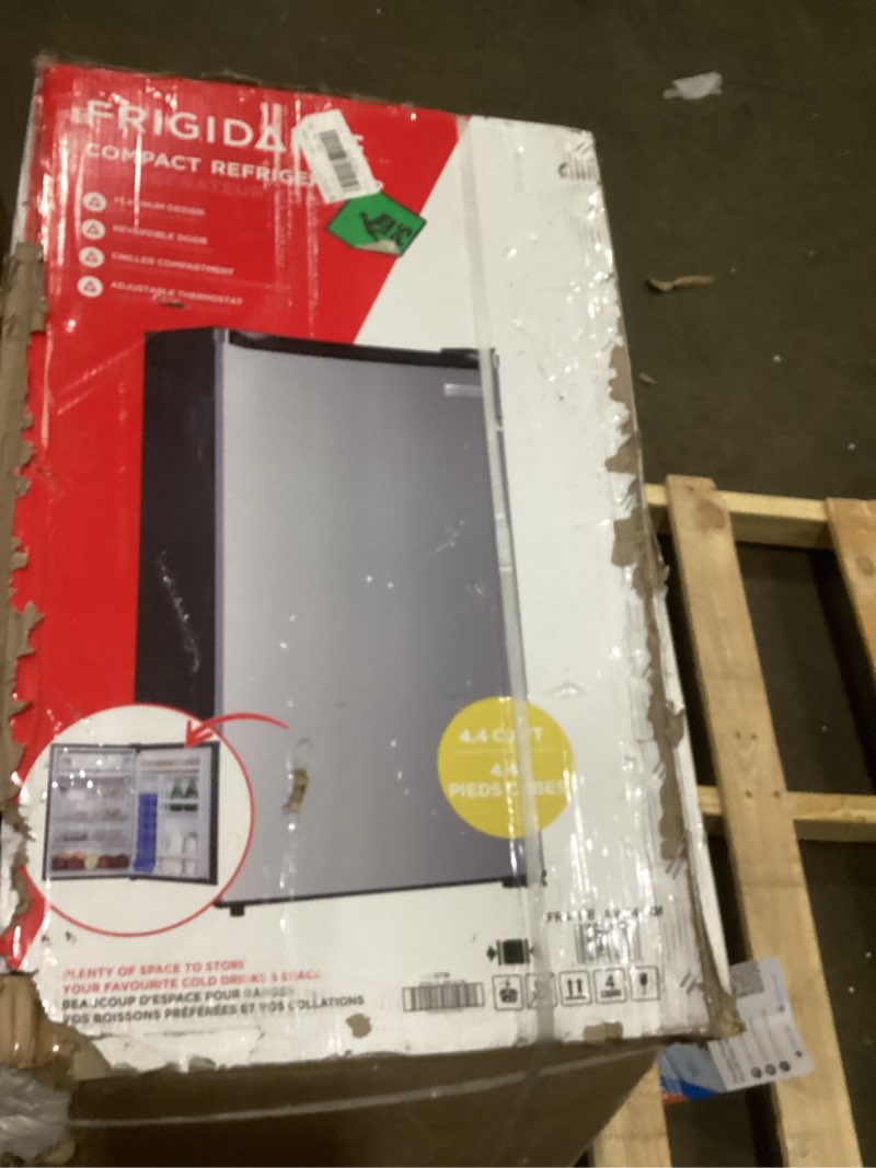 Condition photo showing As Is for Frigidaire Compact Fridge, 4.5 Cubic Feet, Stainless Steel