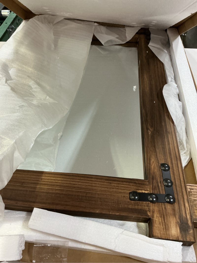 Condition photo showing Good Condition for Rustic Mirror for Bathroom, Wooden Framed Farmhouse Mirror, Wall Mount Farmhouse Rectangle Decorative Brown Vintage Mirrors for Bathroom Vanity, Bedroom, Entryway, Living Room(20 x 30 Inch) 30"L x 20"W