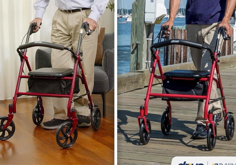 drive medical rollator walker with seat - stable mobility support - height adjustable - durable steel frame construction - smooth 7.5" wheels - foldable frame - 350 lb limit - red