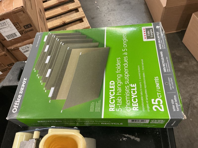 Condition photo showing New/Like New for office depot brand hanging folders, 1/5 cut, letter size, 100% recycled, green, pack of 25