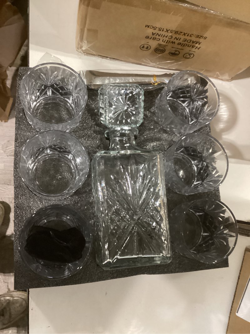 Condition photo showing Good Condition for whiskey decanter set for men with 6 whiskey glasses, clear decanter whisky set premium whiskey decanter glass liquor decanter set for whiskey, bourbon 6 pieces