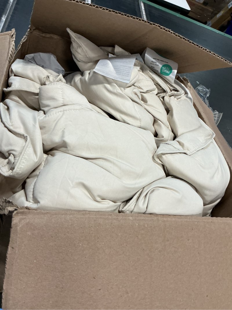 Condition photo showing As Is for unikome queen size goose feather down fiber comforter, all season duvet insert with soft downproof cover, cloud-like fluffy hotel collection cream comforter with corner tabs (88" x 88") 01 lightweight warmth-cream full/queen