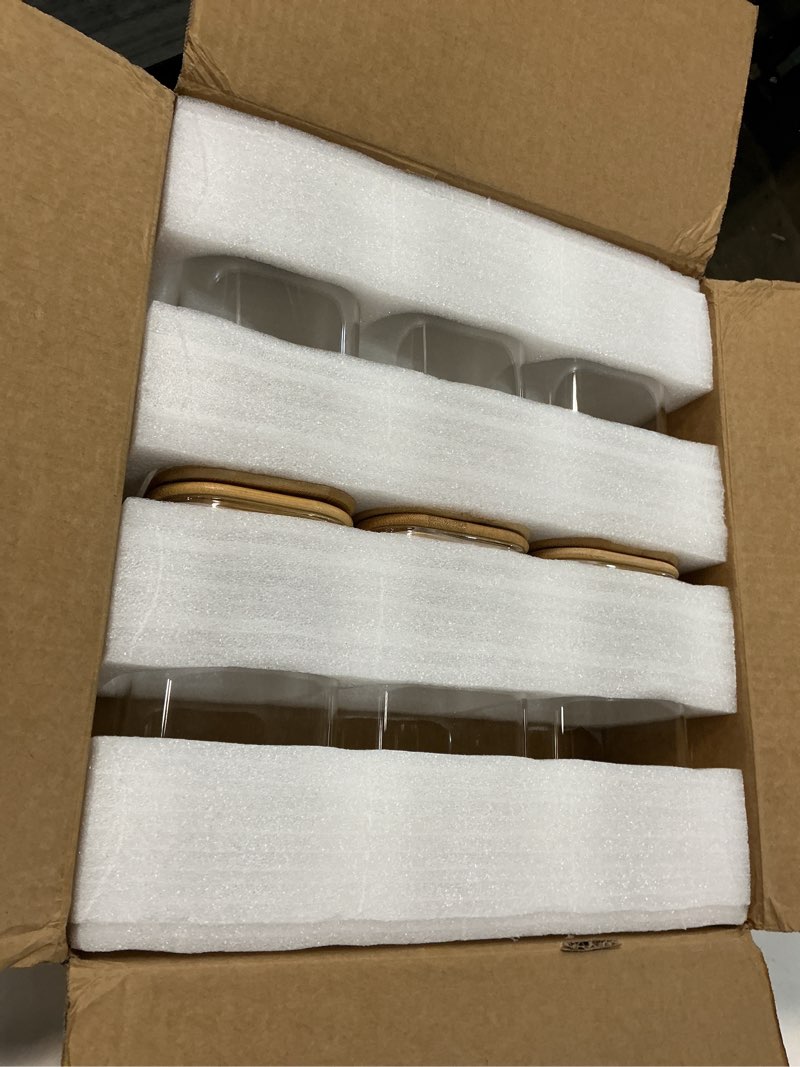 Condition photo showing New/Like New for 50oz Glass Food Storage Jars Set of 6,Glass Storage Containers Clear Glass Food Canister with Bamboo Lid Airtight For Serving Tea, Coffee, Flour, Sugar, Candy, Cookie, Spice and More (Square) 51.0 Fluid Ounces 6