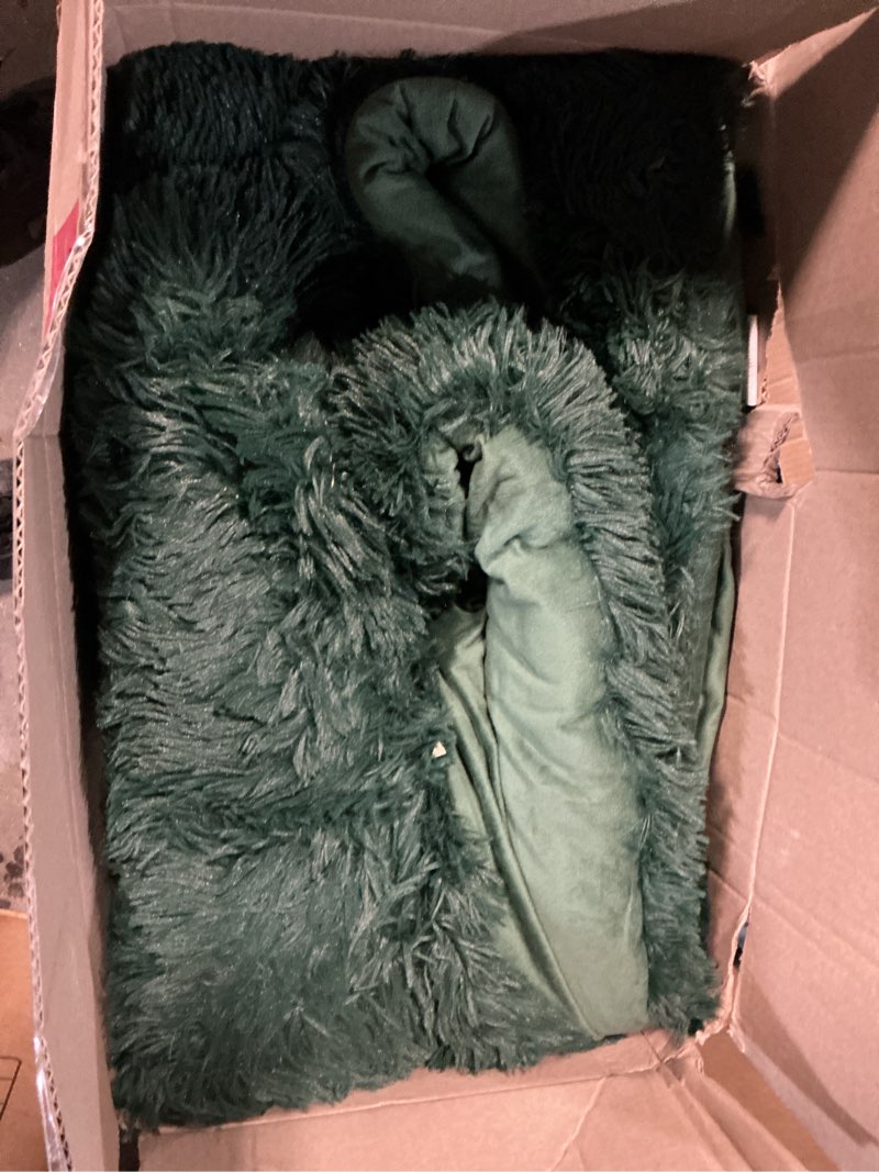 Condition photo showing As Is for Smoofy Fluffy Queen Comforter Set, Faux Fur Comforter Set Queen Size, Luxury Fuzzy Bedding Set, Soft Shaggy Bed Set for All Season, 3 Pieces - 1 Comforter & 2 Pillowcases, Dark Green Dark Green Queen