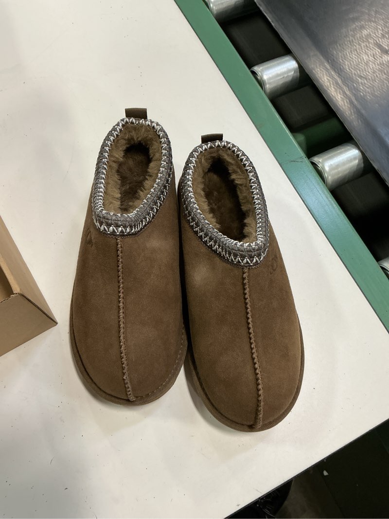Condition photo showing Good Condition for OOW Genuine Suede Slippers for Women with Memory Foam Fuzzy House Shoes for Indoor Outdoor 9 Hickory