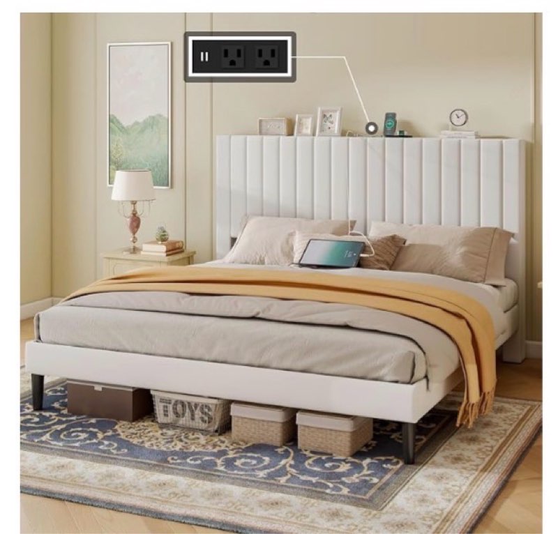 (Incomplete) King Size Bed Frame Velvet Upholstered Tufted Headboard with Charging Station, Wooden Slats Support, Mattress Foundation, Box Spring Optional, White