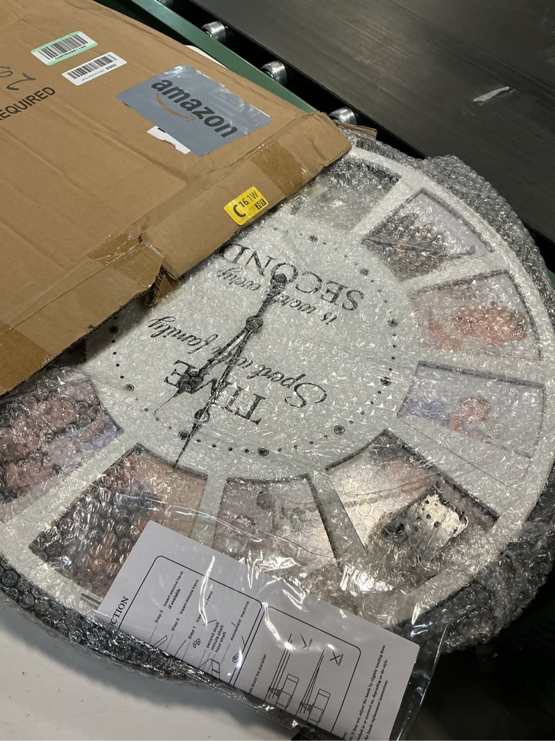 Condition photo showing Good Condition for Large Wall Clock with Picture Frames Collage, Vintage Rustic Clock Wall Decor, Big Farmhouse Wall Clock for Home, Kitchen, Living Room, Silent Battery Operated 25 Inch White A - White