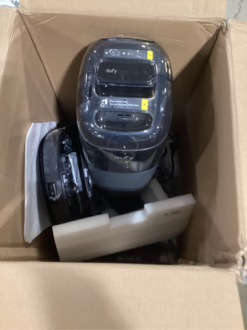 Condition photo showing As Is for eufy s1 with all-in-one station, hydrojet system with roller mop, robot vacuum and mop combo, incredible suction, obstacle avoidance, multi-level mapping, mop auto-retraction, perfect for pet hair 03-s1 omni