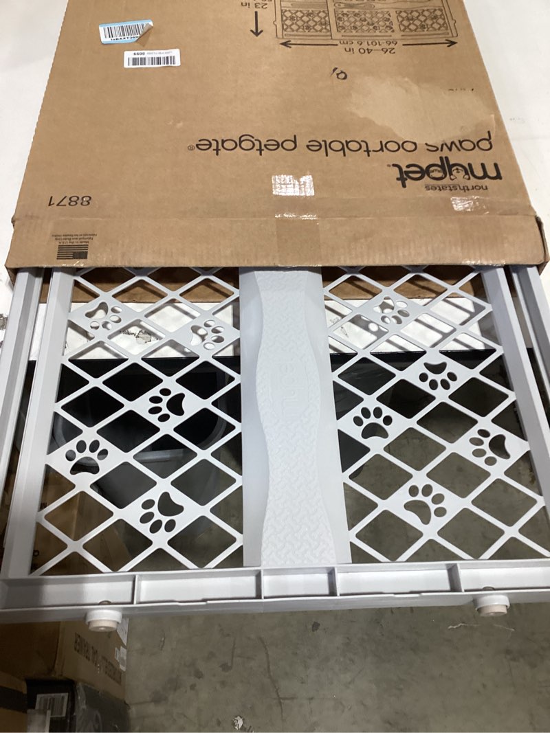 Condition photo showing Good Condition for mypet north states paws portable pet gate: 26-40" wide. pressure mount. no tools needed. made in usa. dog gate 23" tall, expandable, durable dog gates for doorways, light gray