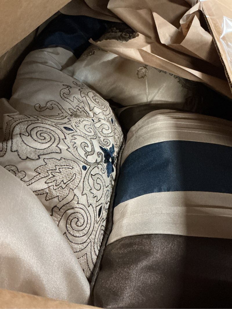 Condition photo showing As Is for madison park comforter faux silk-traditional luxurious jacquard design all season set, matching bed skirt, decorative pillows, queen(90"x90"), navy 7 piece donovan, navy queen (90 in x 90 in)