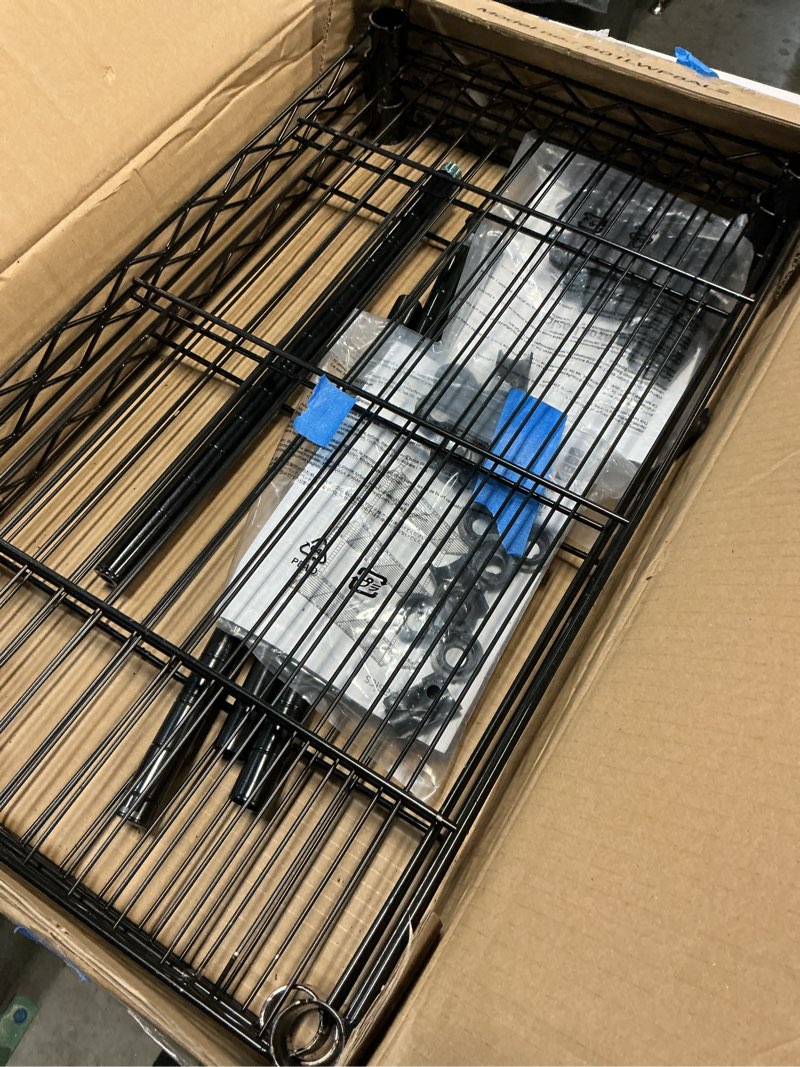 Condition photo showing As Is for (Incomplete,missing pcs)Amazon Basics 3-Shelf Adjustable Heavy Duty Steel Wire Rack Storage Shelving Organizer for Kitchen, Garage, 23.2\\\" L x 13.4\\\" W x 30\\\" H, Black 3-Shelf Narrow Black