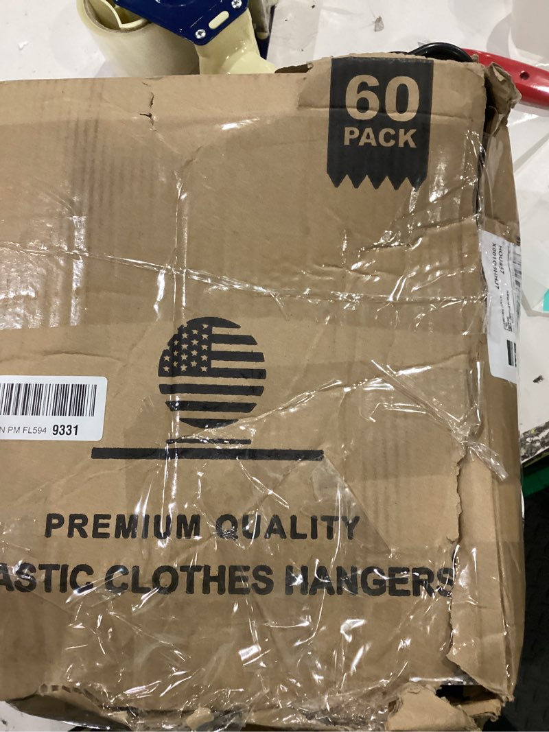 Condition photo showing As Is for HOUSE DAY Black Plastic Hangers 60 Pack, Clothes Hangers with Non Slip Hooks, Durable & Space Saving Coat Hanger, Light-Weight Clothing Hanger, Perfect Closet Organizer for Everyday Use 60 Pack Black