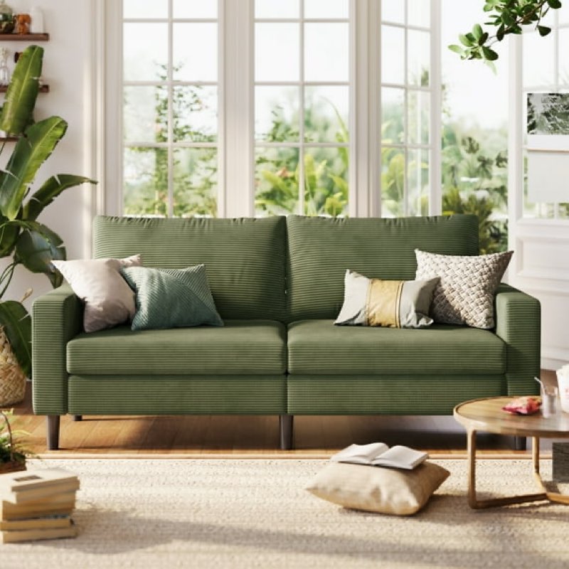 (Incomplete just 1 box )) Linsy Home 79''W Corduroy Loveseat Sofa Couch for Living Room, Bedroom, Apartment and Small Space, Easy Assembly, Green