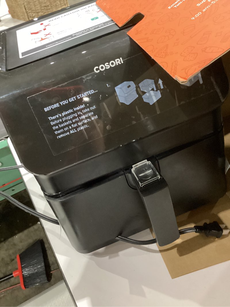 Condition photo showing As Is for cosori 12-in-1 air fryer 5.8qt, toast, bake, nutrition facts for 100+ in-app recipes, adaptiq tech fast cook, for main & side dishes, snacks, leftovers, detachable square basket, dishwasher safe black 5.8 qt
